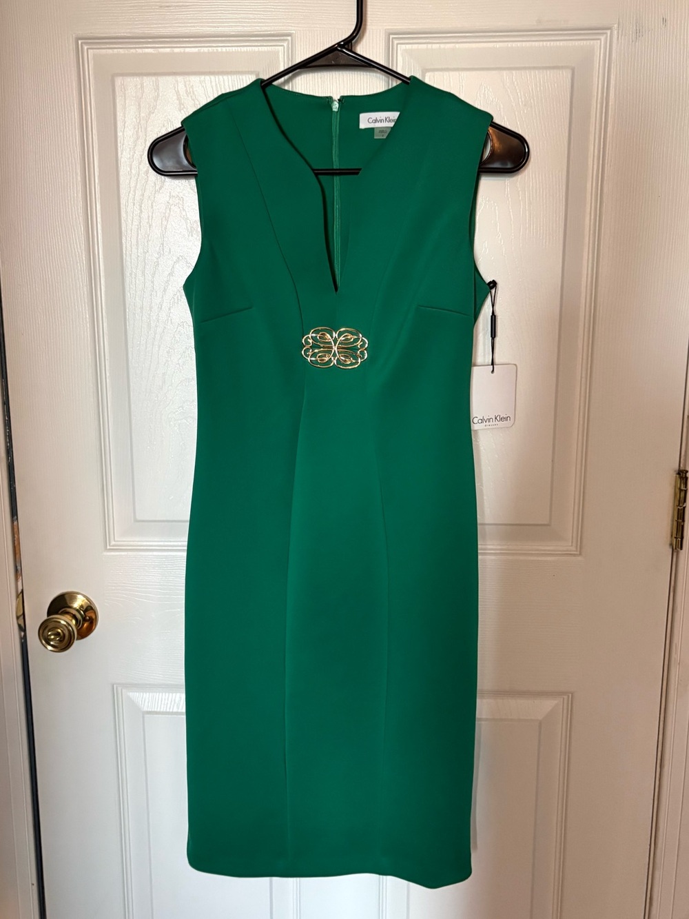 Calvin Klein Green Sleeveless Sheath Dress with Gold Accent